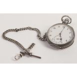 Silver top winding pocket watch with Silver double albert chain, chain 42.7g.