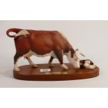 Royal Doulton connoisseur Hereford cow and calf on wooden plinth