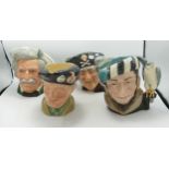 Royal Doulton Large Character Jugs Long John Silver D6335, Monty D6202, The Falconer D6533 & Mark