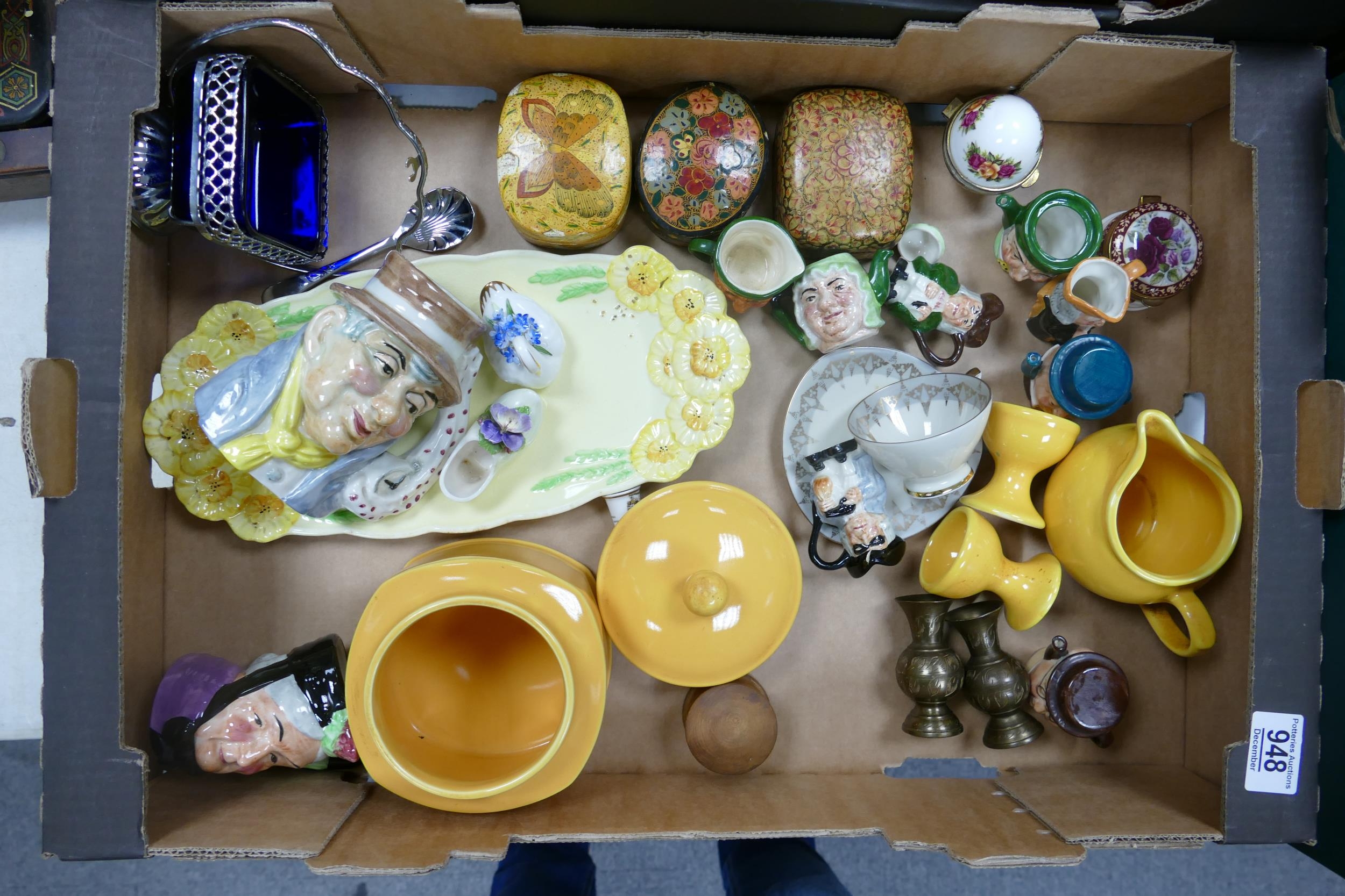 A mixed collection of items to include vintage trinklet boxes, Artone small character jugs, sandwich