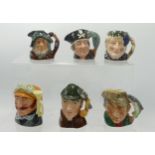 Royal Doulton miniature character jugs The Poacher D6515, Bacchus D6521, Veteran Motorist D6641,