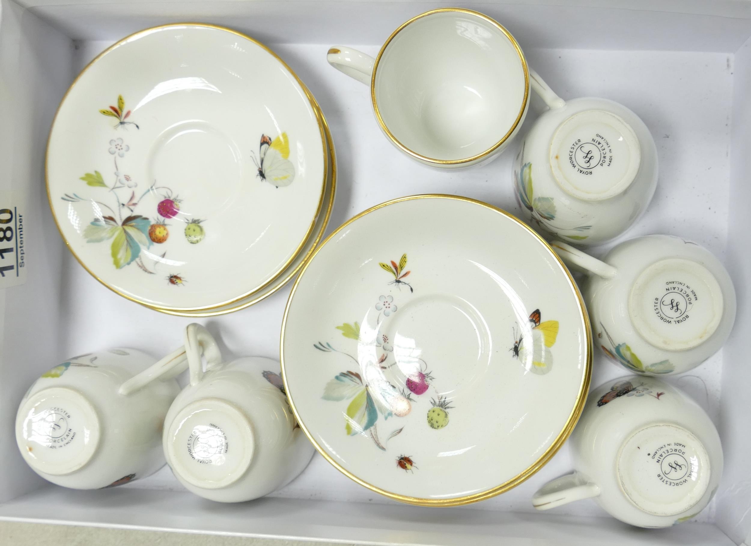 Royal Worcester coffee cups and saucers decorated with butterflies and fruit (12)