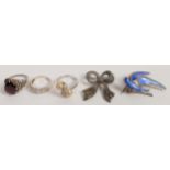 A collection of Silver jewellery including enamel bluebird brooch, marcasite ribbon brooch and 3