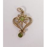 15ct Art Noveau drop pendant set with seed pearls and emeralds , 2.9g.