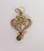 15ct Art Noveau drop pendant set with seed pearls and emeralds , 2.9g.