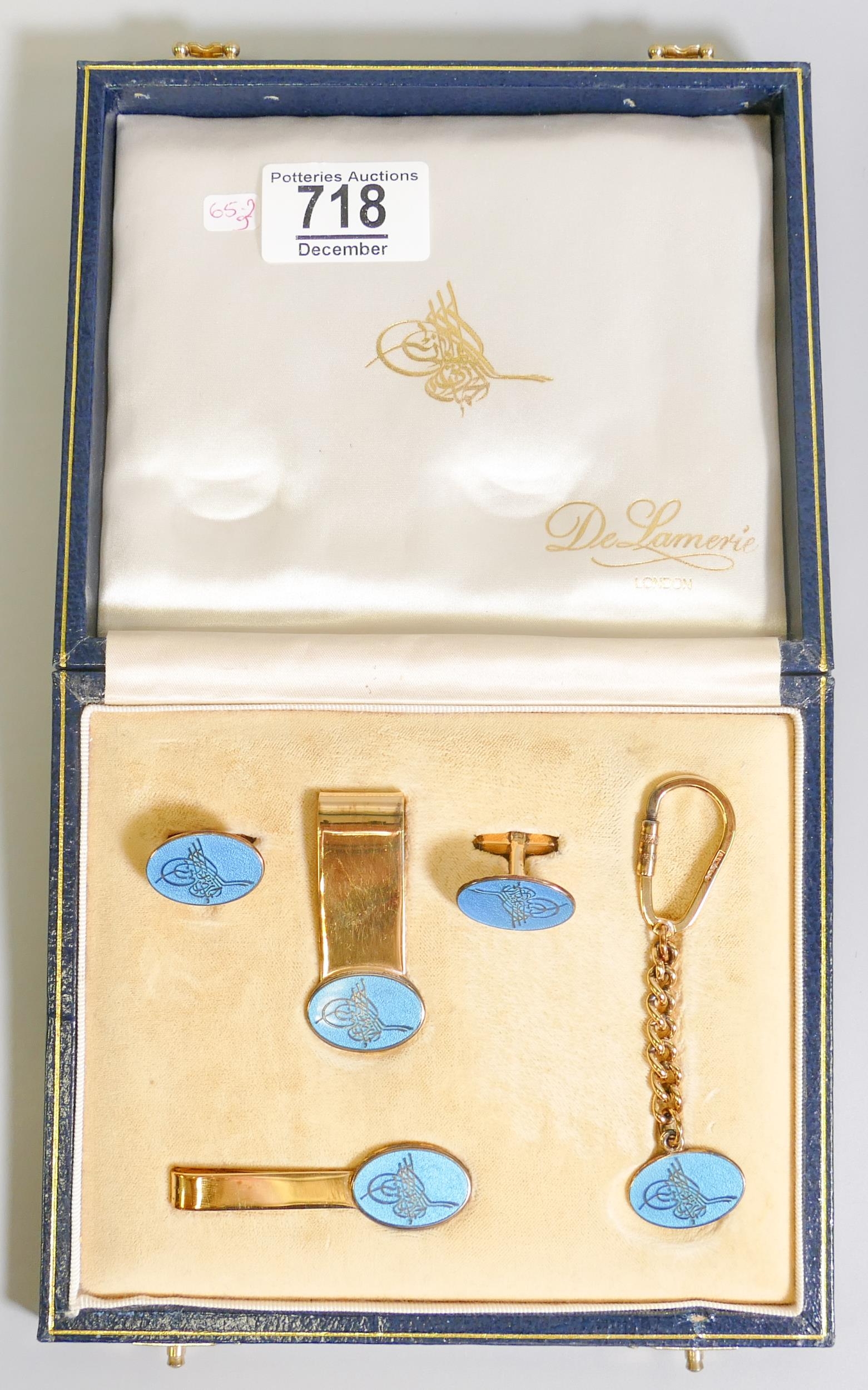 De Lamerie Fine Bone China gold plated on silver enameled gift set including Money Clip, Tie Clip,