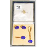 De Lamerie Fine Bone China gold plated on silver enameled gift set including Tie Clip, Key Ring &