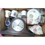 A mixed collection of items to include Oak mantle clock , commemorative mugs, floral tea ware etc