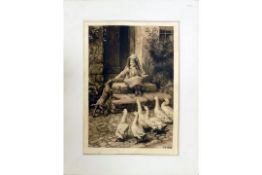 Herbert Dicksee etching LUCKY DOG: Girl sitting on step and patting dogs head, with 6 ducks