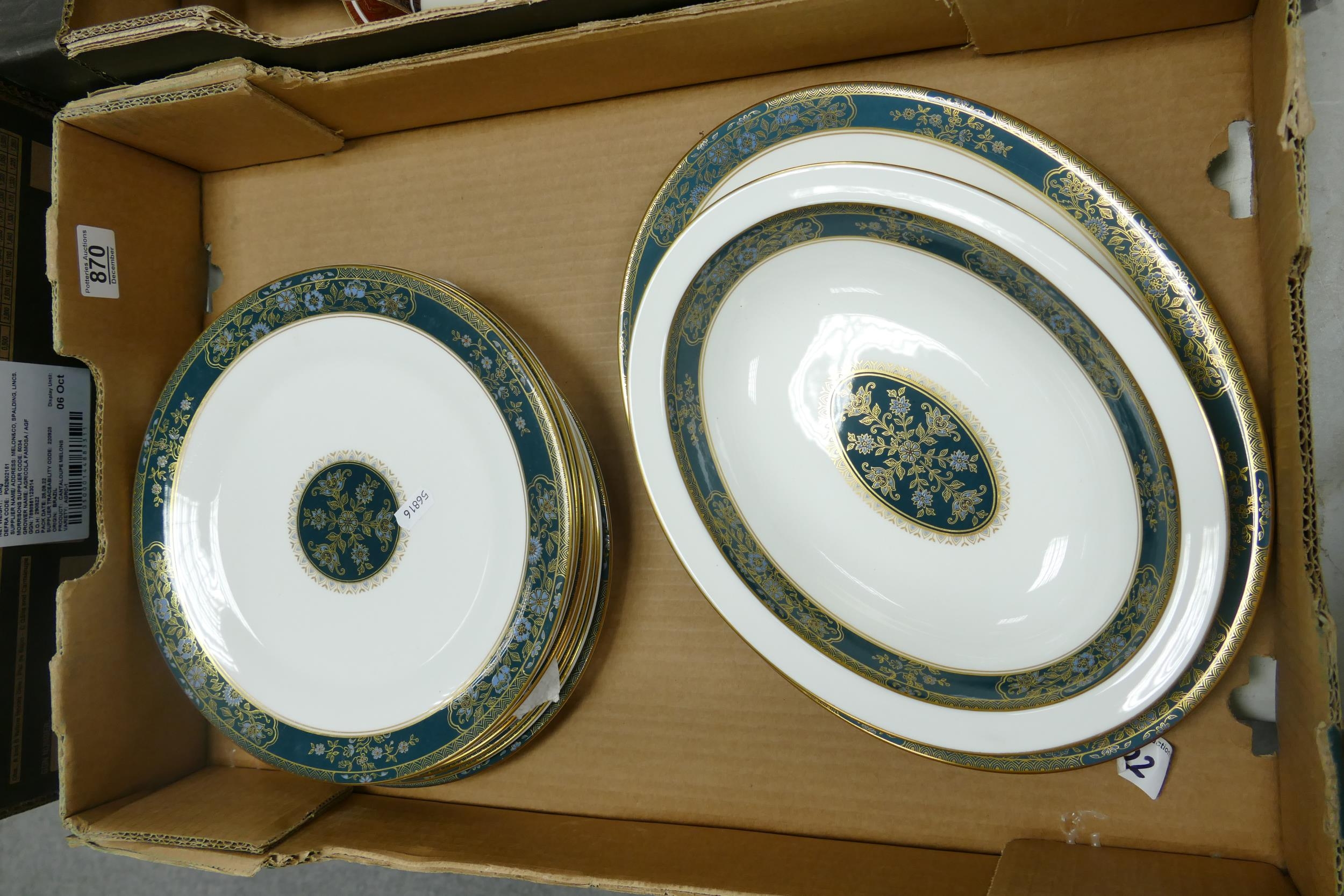 A collection of Royal Doulton Carlyle Patterned dinner plates, oval platter & open veg dishes (