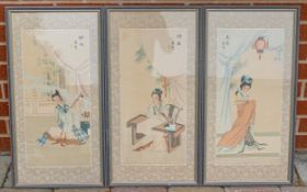 Three 19th century Chinese watercolours with images of women in national costume, each 64 x 34cm. (
