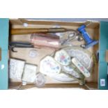 A mixed collection of items to include vintage truncheon, decorative dressing table set, copper