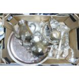 A collection of silver plated items to include tea service, picture frame, serving trays, candelabra