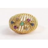 yellow metal ladies ring set with precious stones, size J, 6.8g. Tests as high carat - 18ct or