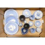 A collection of Wedgwood jasperware to include lidded boxes, plates vases, pin trays etc