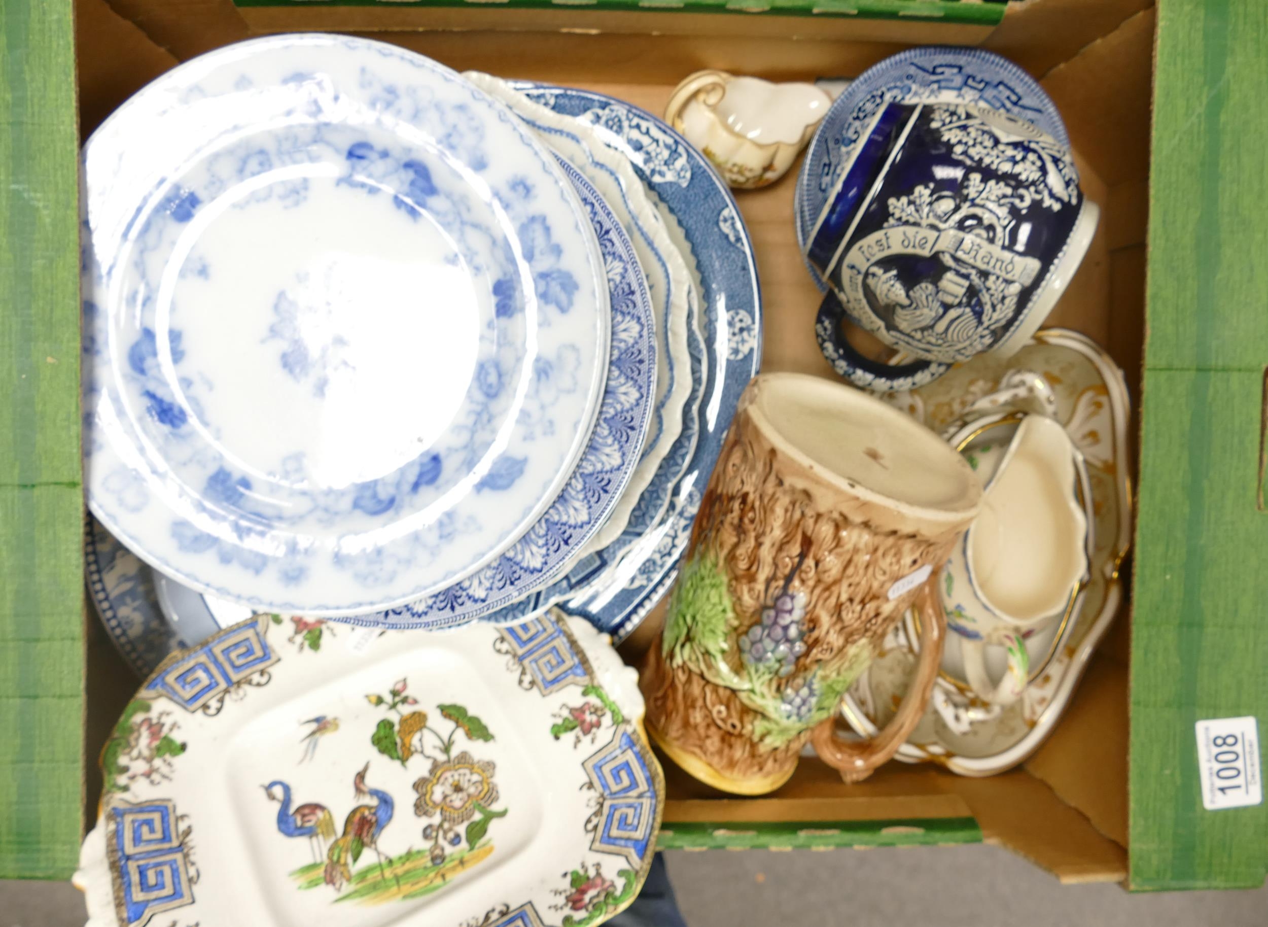 A mixed collection of items to include Blue & White Plates, Majolica style pot & 19th Century