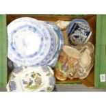 A mixed collection of items to include Blue & White Plates, Majolica style pot & 19th Century