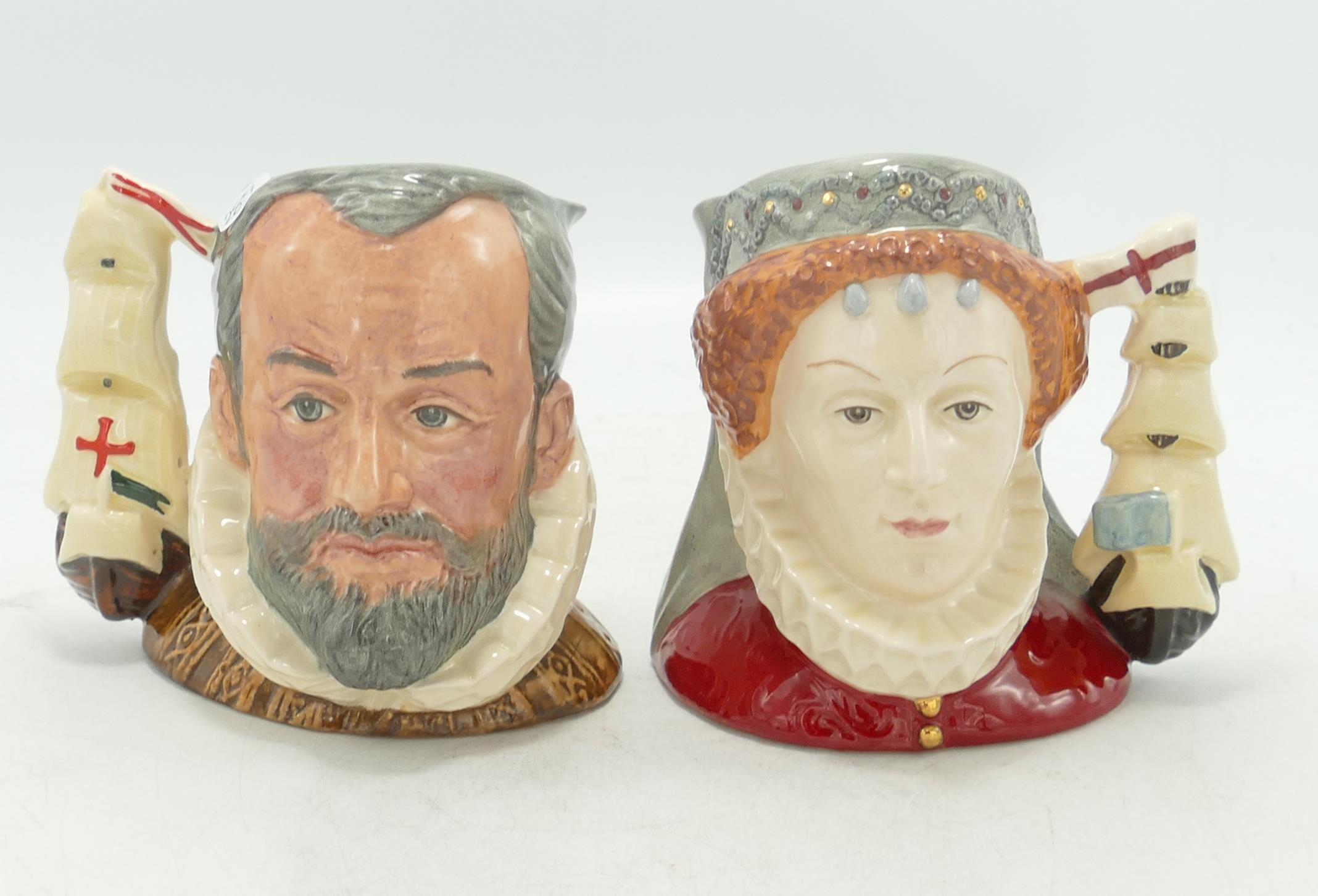 Royal Doulton small size character jugs Queen Elizabeth I D6821 and King Phillip of Spain D6822(2)