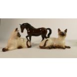 Beswick Stocky Jogging Mare 855, together with Beswick Siamese Cats 1558 & 1559. (3)