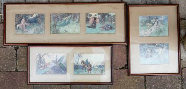 Three Arts & Crafts coloured prints by Warwick Goble with images of Fairy Tales, largest frame