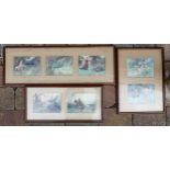 Three Arts & Crafts coloured prints by Warwick Goble with images of Fairy Tales, largest frame