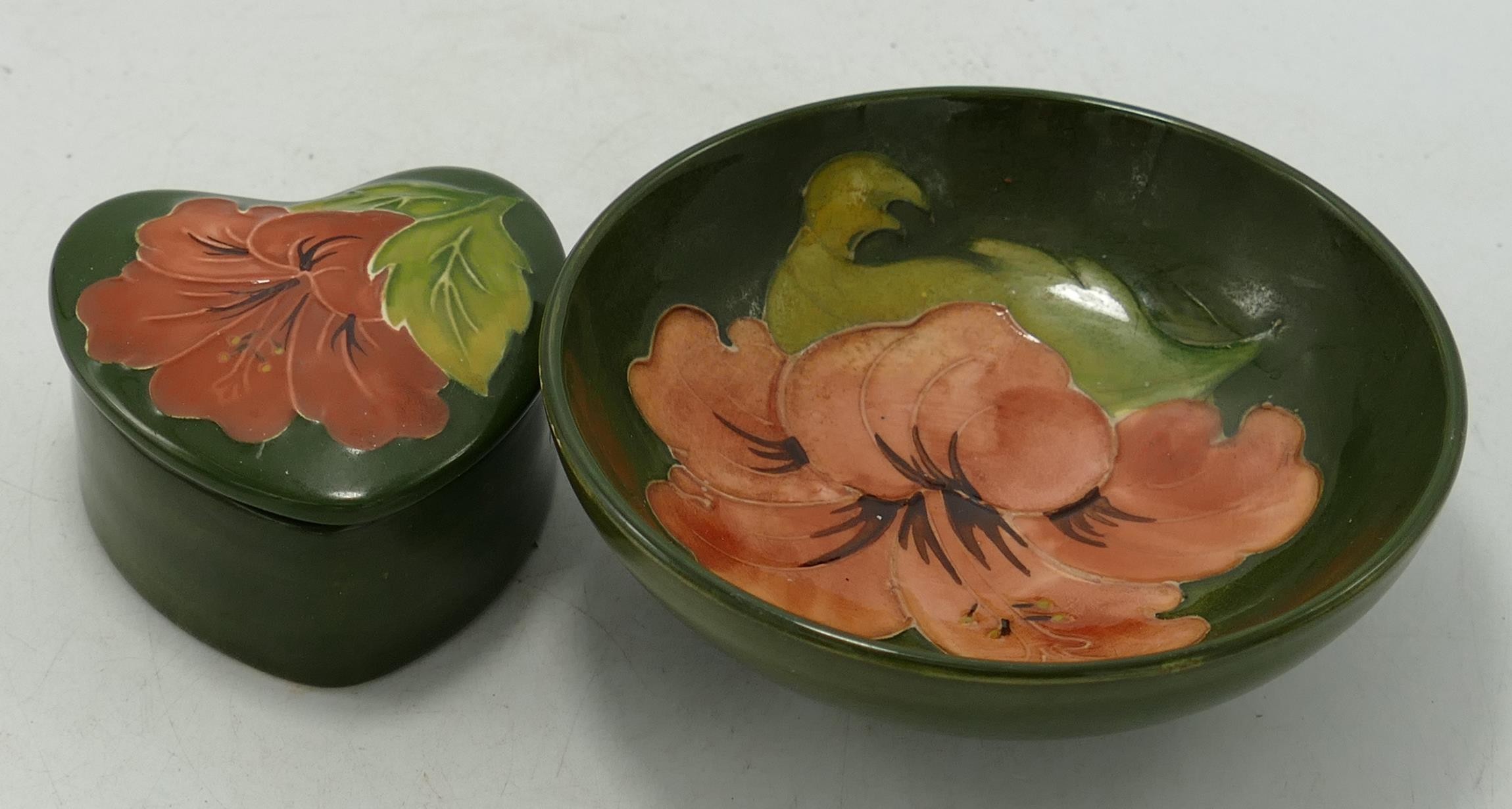 Moorcroft Hibiscus on Green Ground Footed bowl & small heart Shaped Box, diameter of largest 12cm(2)