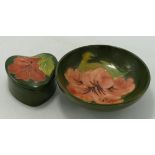 Moorcroft Hibiscus on Green Ground Footed bowl & small heart Shaped Box, diameter of largest 12cm(2)