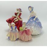 Royal Doulton Lady Figures Alice Hn3368, Top O The Hill Hn1834, Dinky Doo Hn1678 & Cissie Hn1809(4)