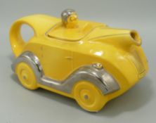 Art Deco Yellow & Chrome Novelty Racing Car Teapot, length 26cm