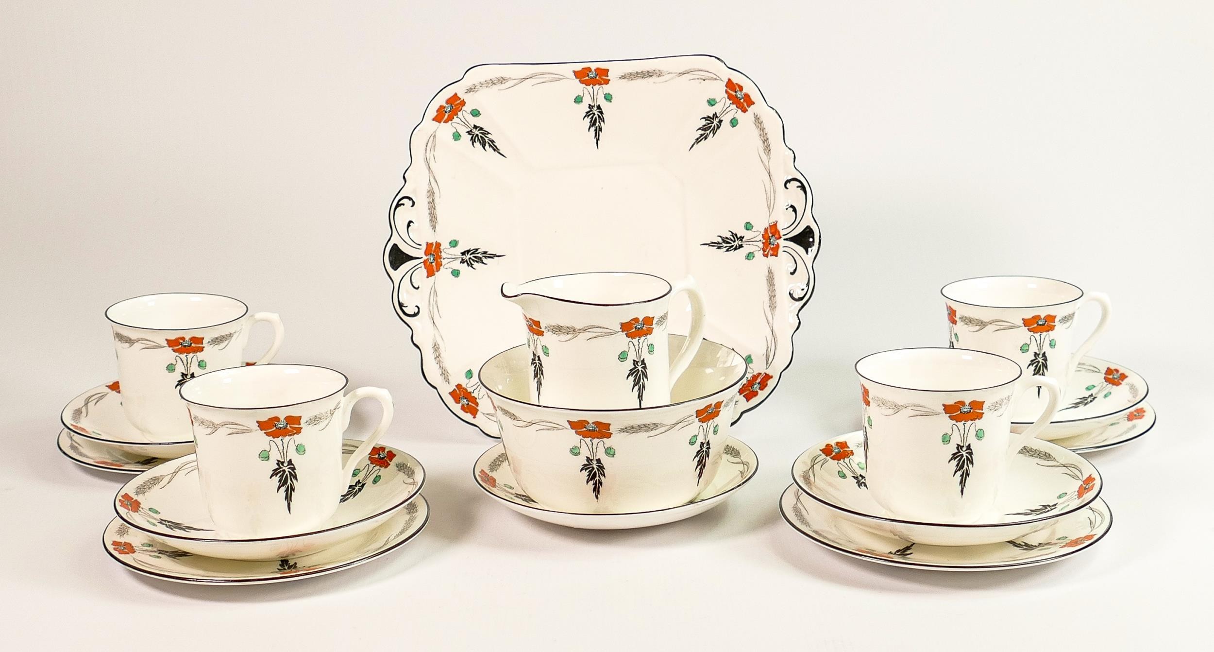 Shelley Vincent shaped 11326 patterned part tea set including: 4 cups, 5 saucers, 4 side plates,