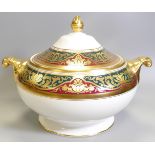 De Lamerie Fine Bone China heavily gilded Special Commision patterned Green & Burgundy large Soup