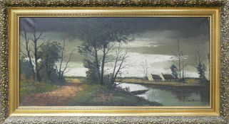 F Van Beeck (DUTCH) oil on canvas, rural river scene featuring two houses, signed lower right, frame