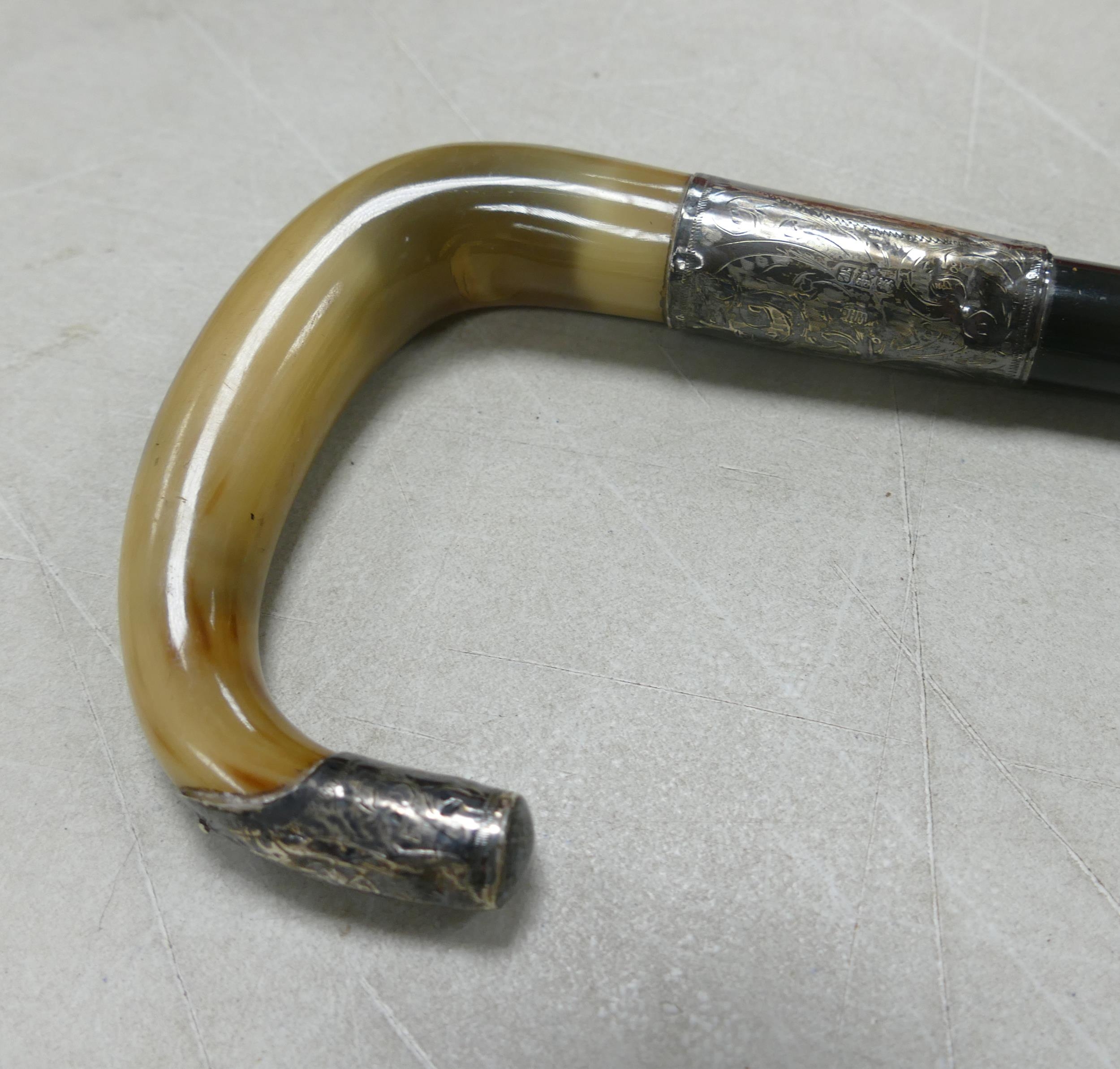 Edwardian Horn Handled Walking Stick with silver mounts