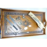 A mixed collection of items to include large wooden carved tray, silver golfing theme spoons, silver