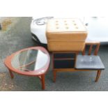 Retro Mid Century Furniture to include Glass Topped Coffee Table, Leatherette Telephone seat &