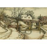 Tom Hinks modern local interest watercolour Winters Riverbank Scene, frame size 70cm x 53cm