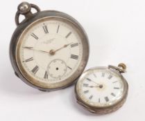 Two Silver pocket watches. back case missing from the larger one. (2)