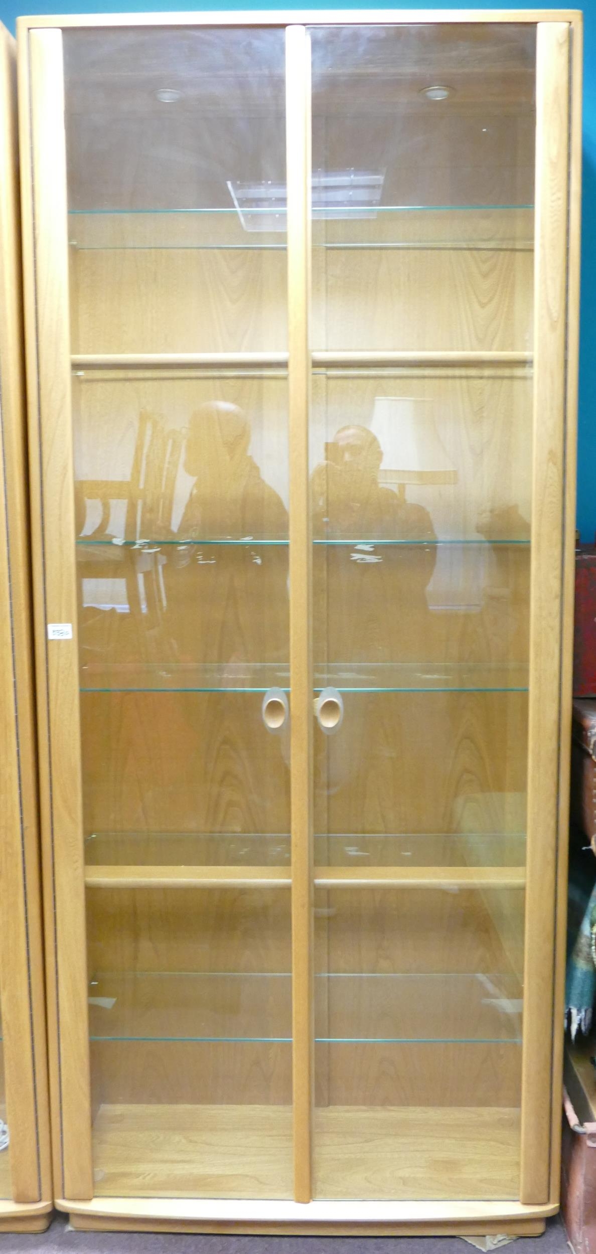 Blonde Ercol Double Glazed Display Cabinet height 213cm, width 92cm and depth 30cm