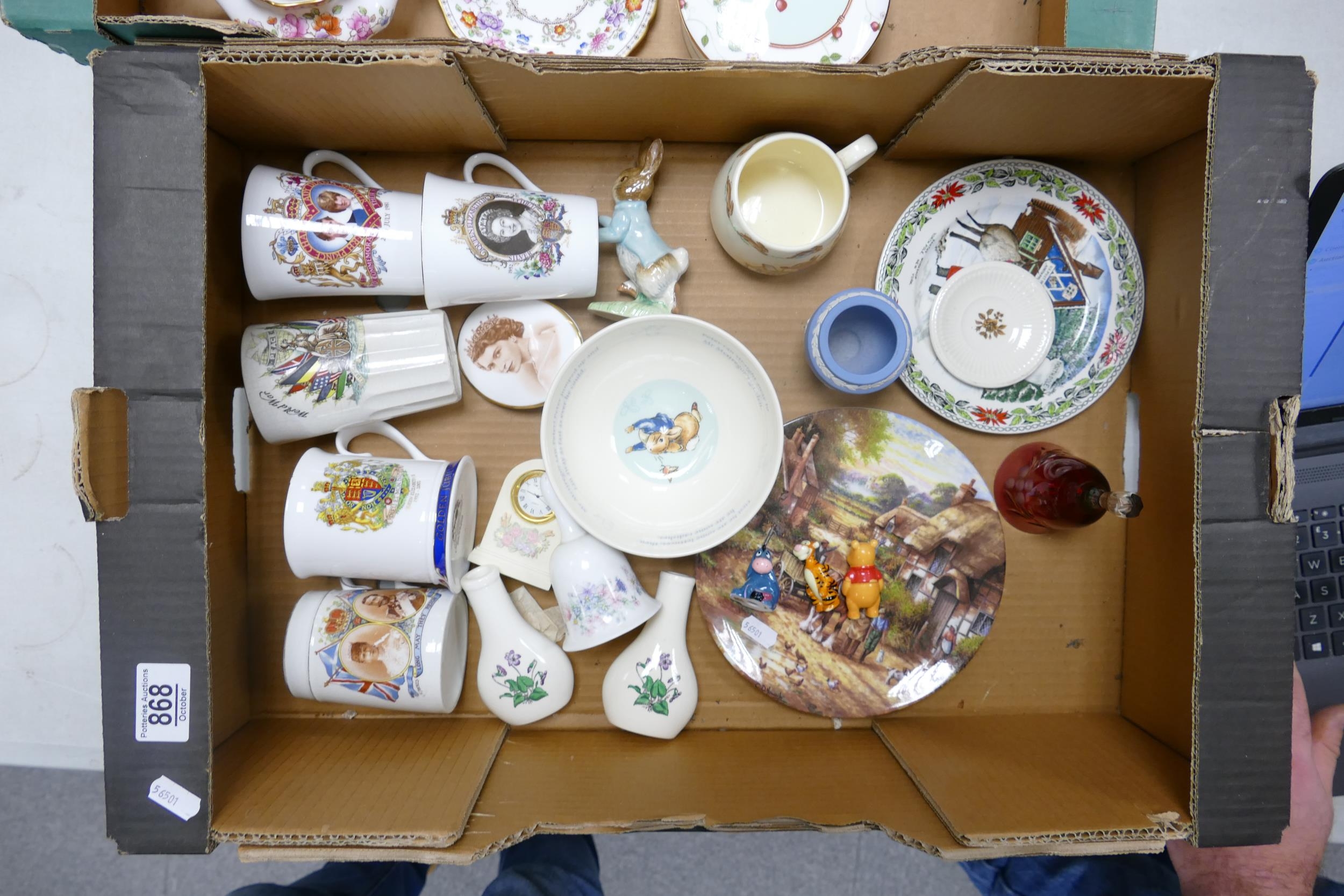 A mixed collection of items to include Royal Commemorative mugs & beakers, Bp6a Beatrix Potter