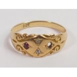 18ct gold ring set with 2 diamonds and ruby, one ruby missing, size M,3g.