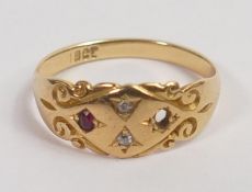 18ct gold ring set with 2 diamonds and ruby, one ruby missing, size M,3g.