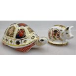 Royal Crown Derby Turtle & Piglet Paperweights, gold stopper (2)