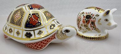Royal Crown Derby Turtle & Piglet Paperweights, gold stopper (2)