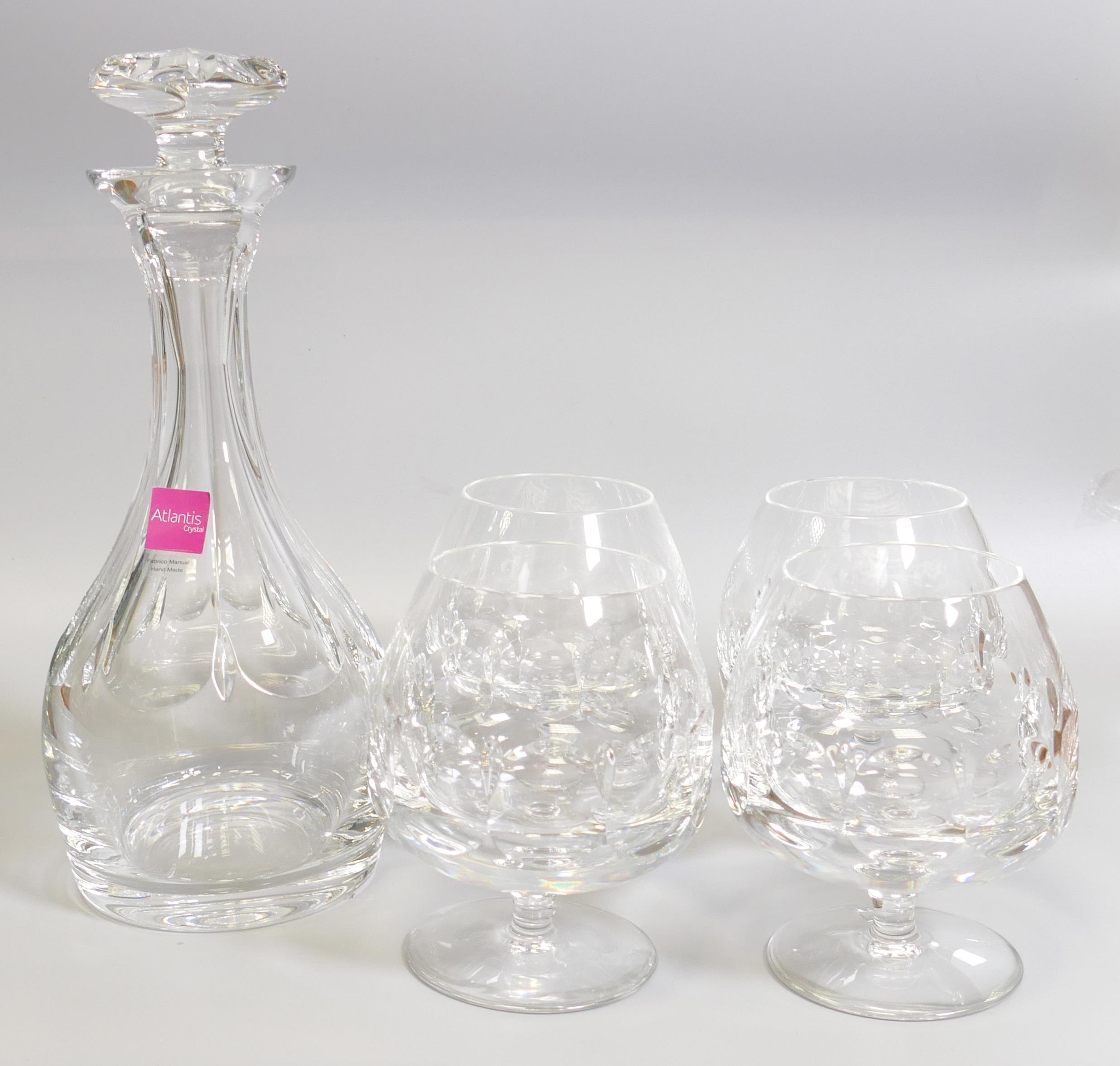 Boxed Atlantis Crystal Evora Patterned Decanter & 4 Brandy Glasses