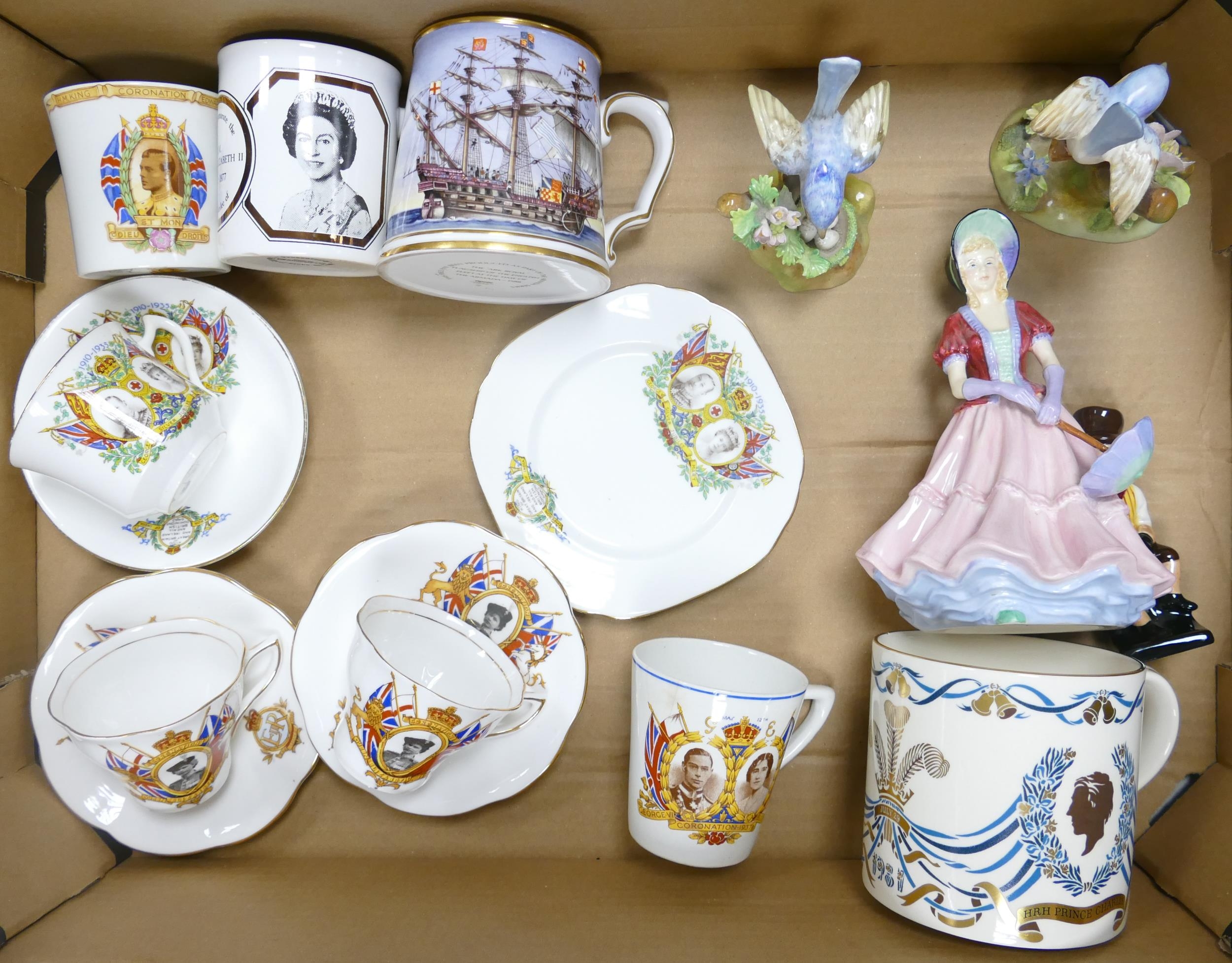 A mixed collection of items to include Commemorative mugs, Paragon Lady Figure, Royal Doulton