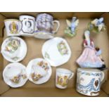 A mixed collection of items to include Commemorative mugs, Paragon Lady Figure, Royal Doulton