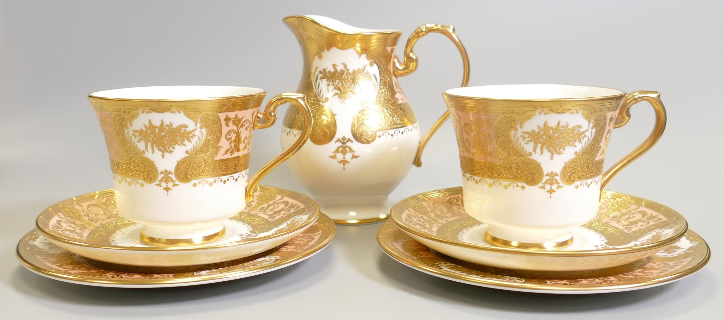 De Lamerie Fine Bone China heavily gilded Majestic patterned Trio Sets & Milk Jug plates , specially