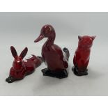 Royal Doulton Flambe Duck height 14cm together with a stretched hare ( both back legs reglued) and a