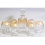 De Lamerie Cut Glass Crystal Whisky Decanter & Six Brandy Glasses with gilt decoration in leather