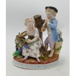 19th Sitzendorf porcelain figure group: of man playing a flute and seated woman with goat, h.17cm